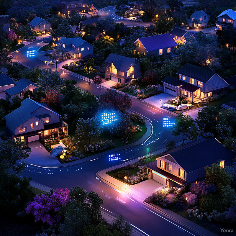 A suburban neighborhood at night, with various houses and streets visible.