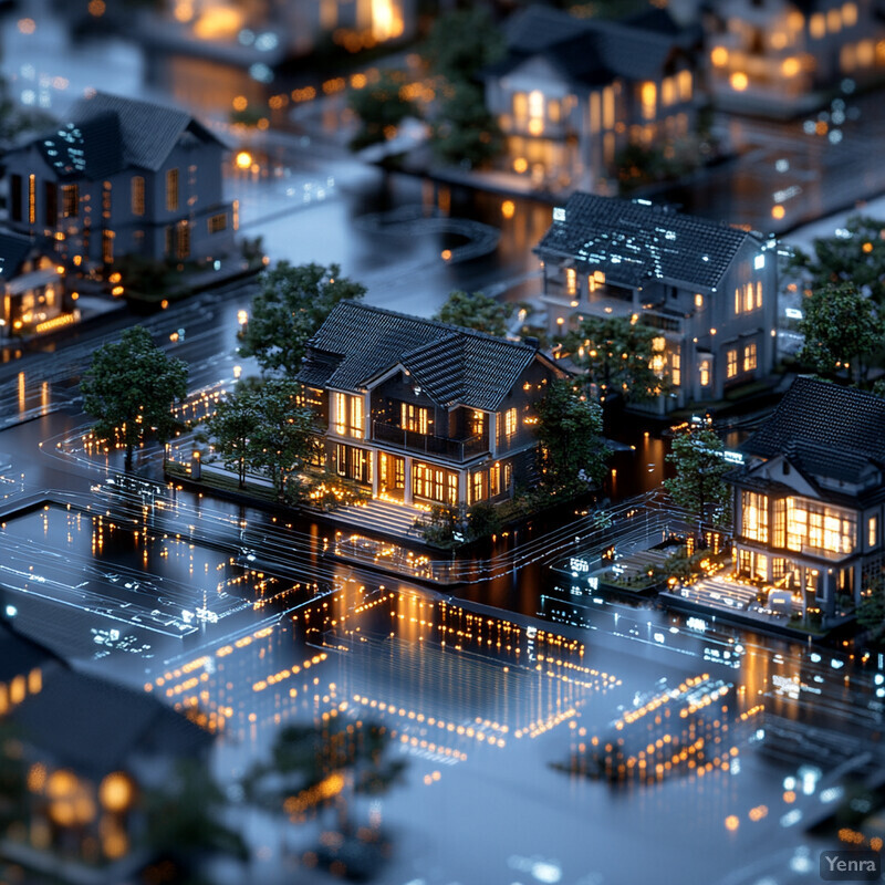 Aerial view of a small town at night, featuring rows of houses and buildings.