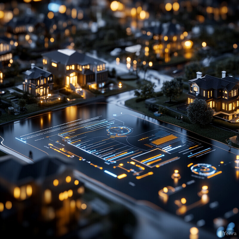 A futuristic cityscape at night, illuminated by glowing blue lines and orange accents, with a large screen displaying customer behavior analytics.