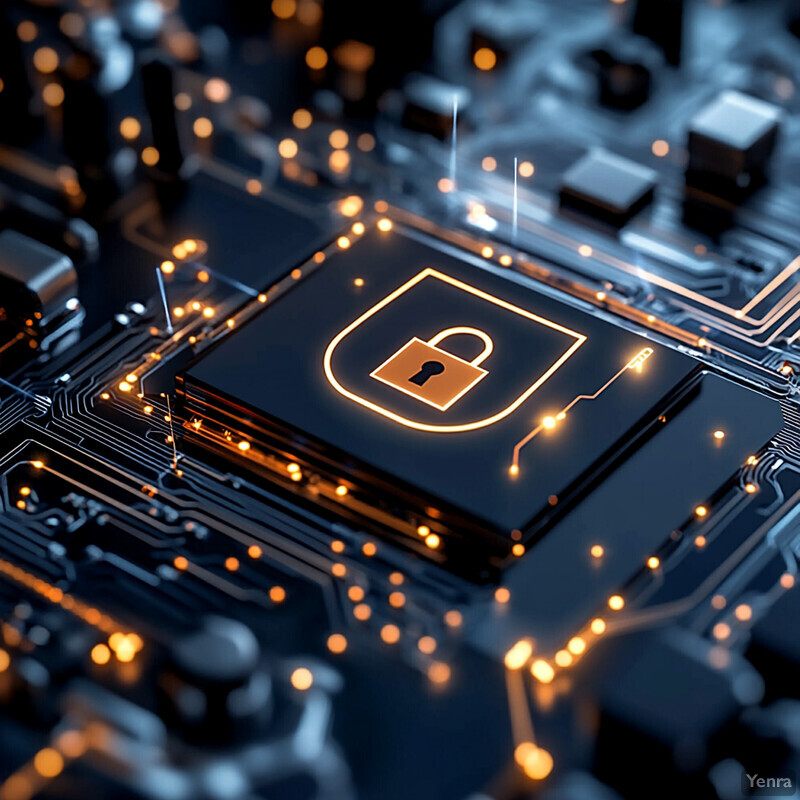 A close-up view of a computer chip or microprocessor with a golden padlock icon indicating strong encryption methods for data protection.