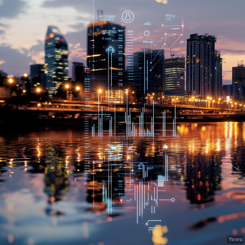 A cityscape at dusk with a focus on the water's edge and skyline.