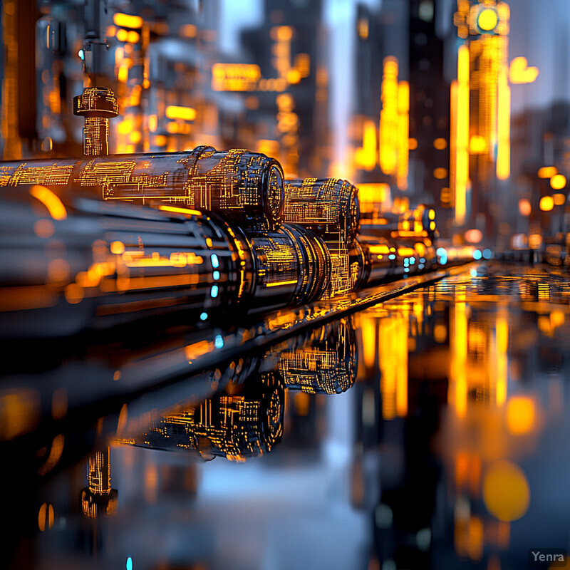 A futuristic representation of water networks featuring interconnected pipes with circuit boards and a blurred cityscape in the background.