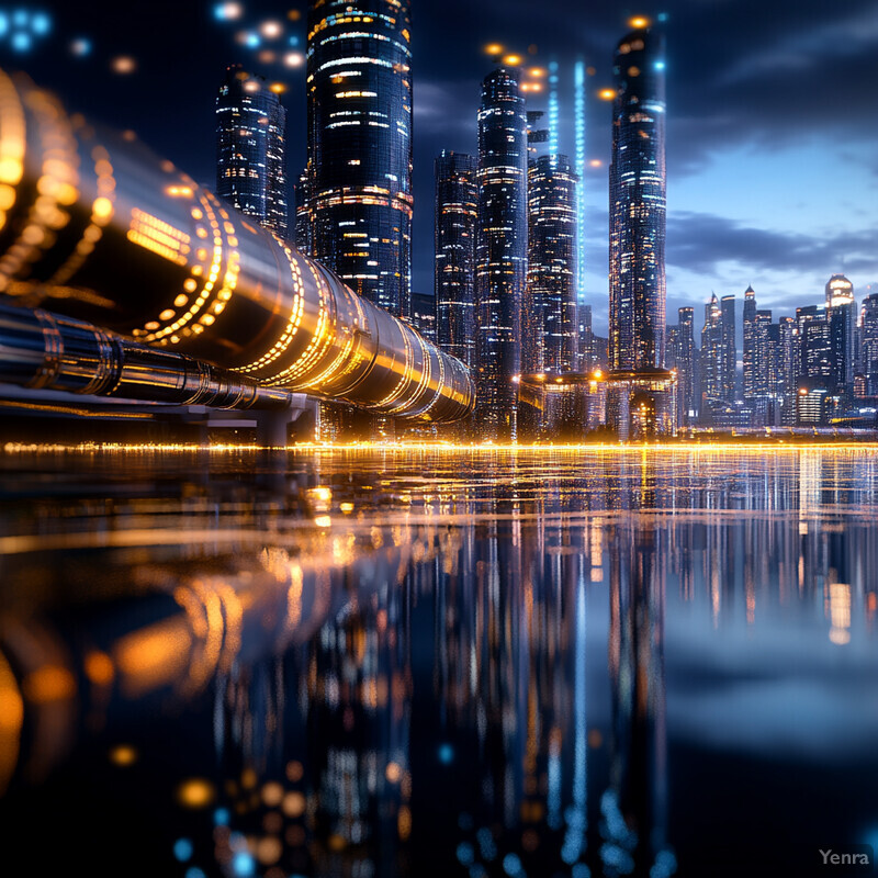 A futuristic cityscape with towering skyscrapers and a network of pipes running through it.