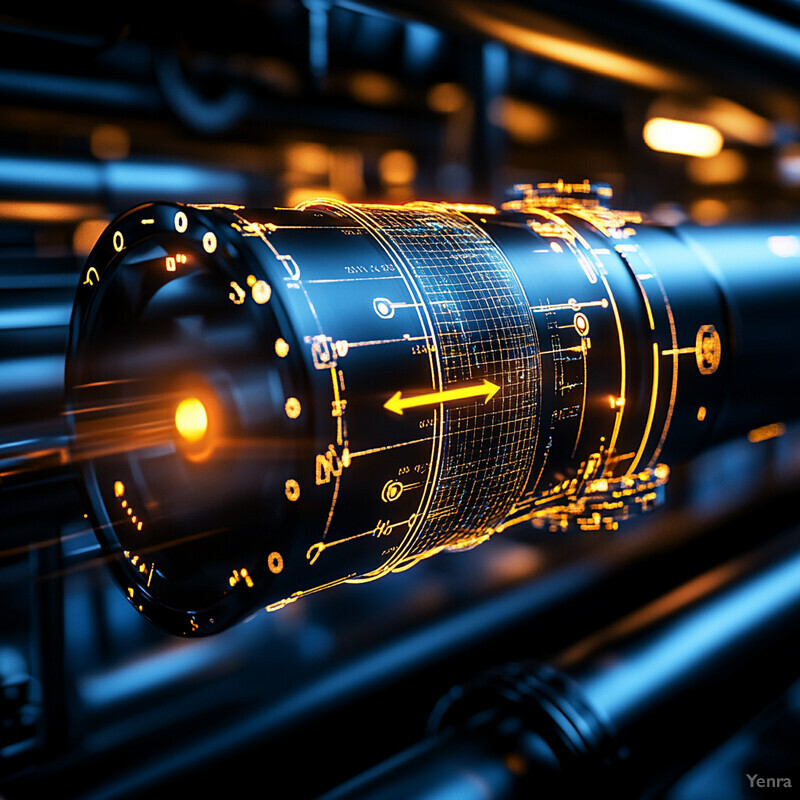 An industrial scene with a large pipe as the central focus, surrounded by other pipes and equipment in shades of blue and yellow.