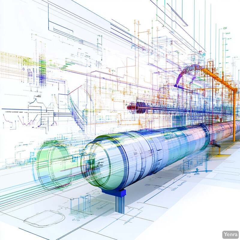 A large, cylindrical object with various components attached is displayed in front of technical drawings and diagrams.