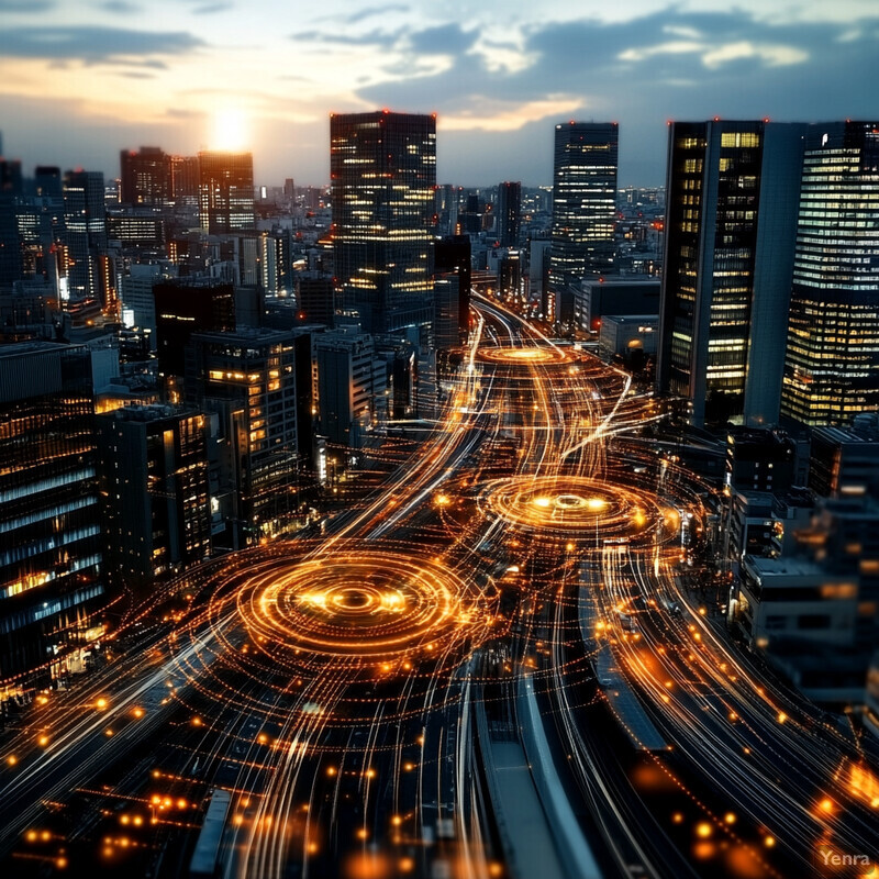 A cityscape at sunset or sunrise with a warm glow and empty streets.