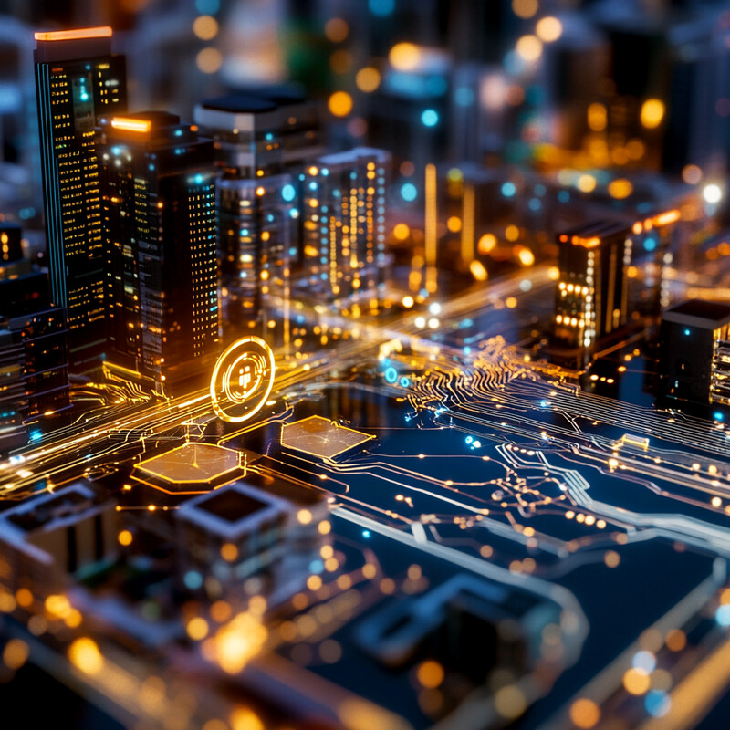 An abstract representation of integration with smart cities, featuring a cityscape integrated with a circuit board.