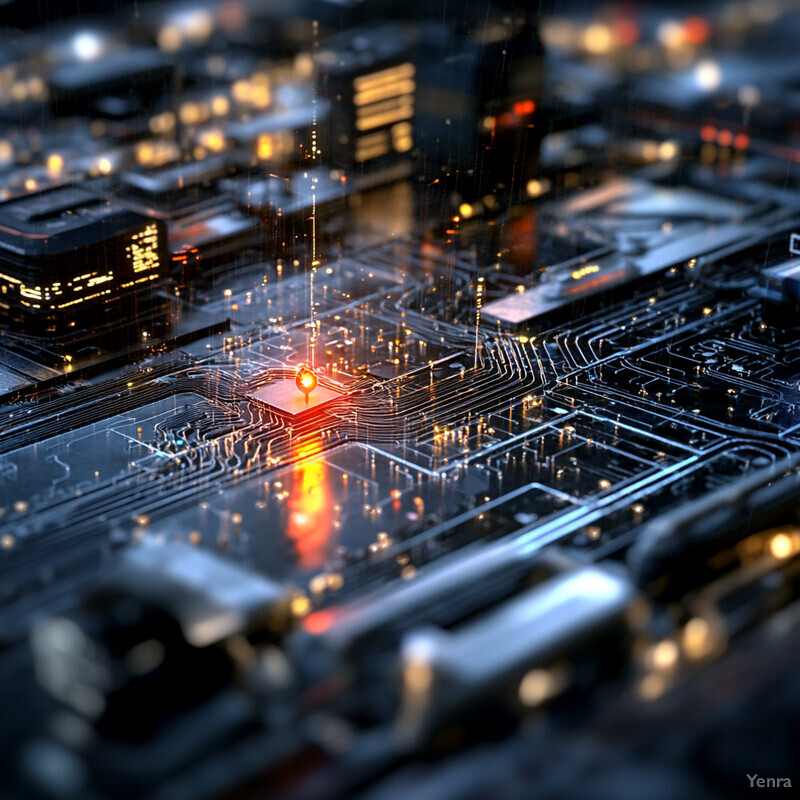 A cityscape at night, with tall buildings and busy streets.