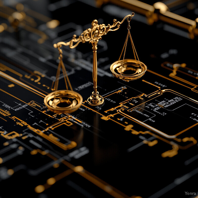 A golden balance scale sits on a black circuit board or motherboard with gold-colored lines and symbols.