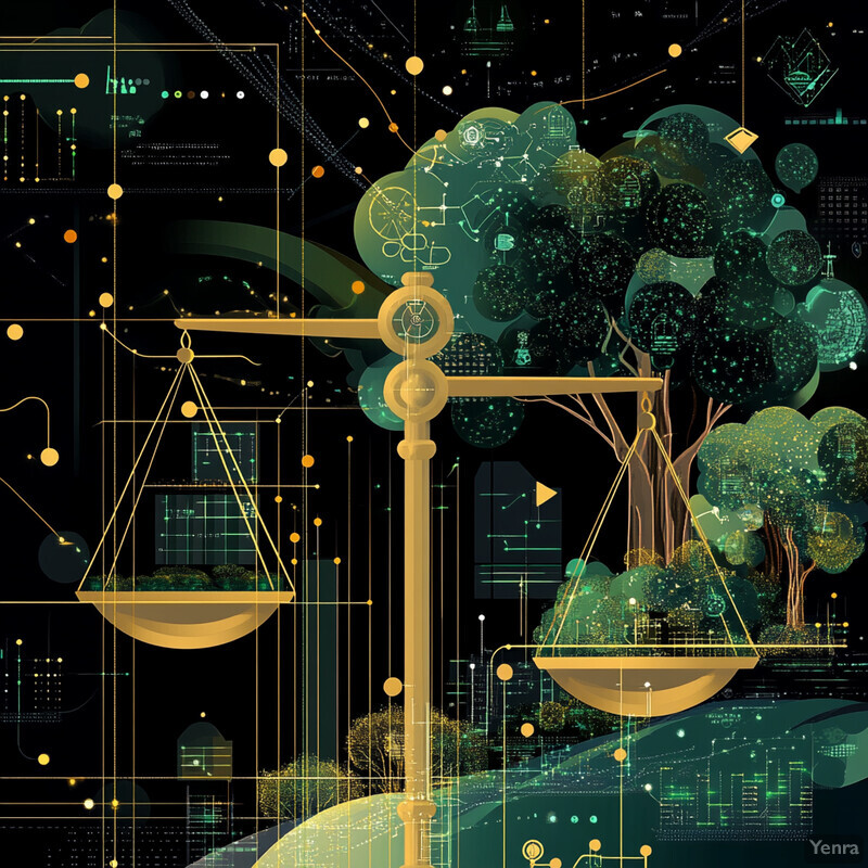 An abstract representation of optimized capital planning, featuring a gold-colored scale with a green landscape on one pan and a cityscape on the other, surrounded by geometric shapes and set against a black background.