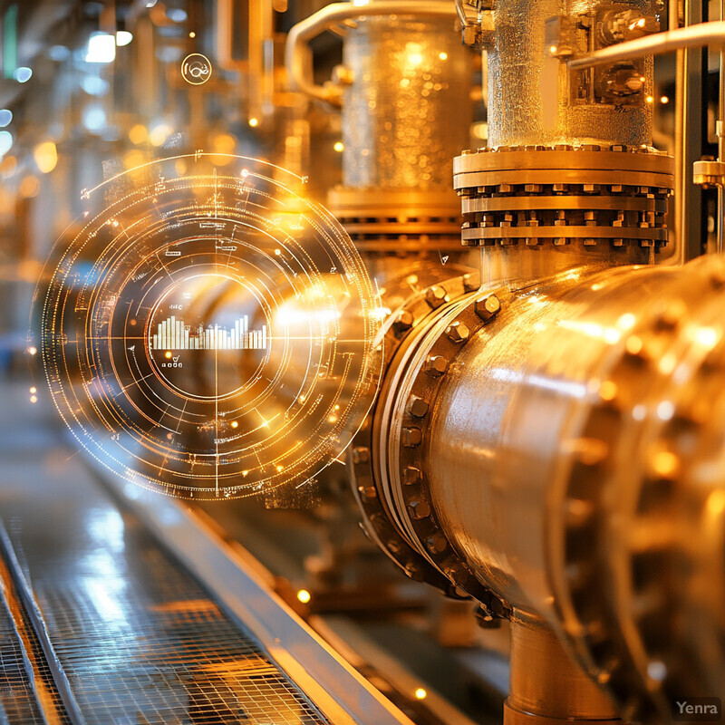 Industrial maintenance at a large facility with gold pipes and machinery.