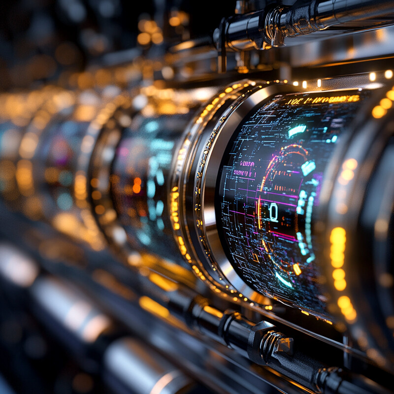 A complex system with silver cylinders and gold rings, featuring a small screen displaying various colored lines and symbols.