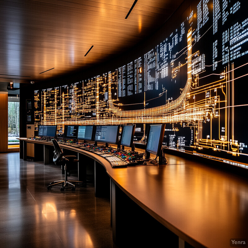 A large room with a curved desk and multiple computer monitors, possibly used for programming or coding.