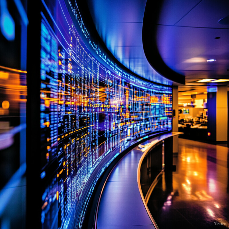 A large, curved screen displays a complex network in a dimly lit room.