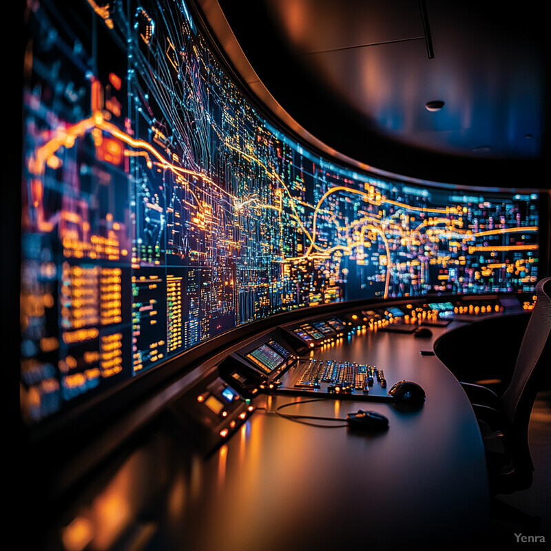 A large screen displays a visual representation of real-time network control systems.