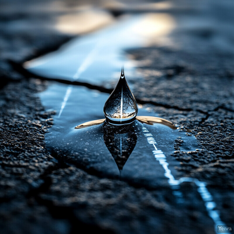 A single water droplet rests on a cracked surface, possibly asphalt or concrete.