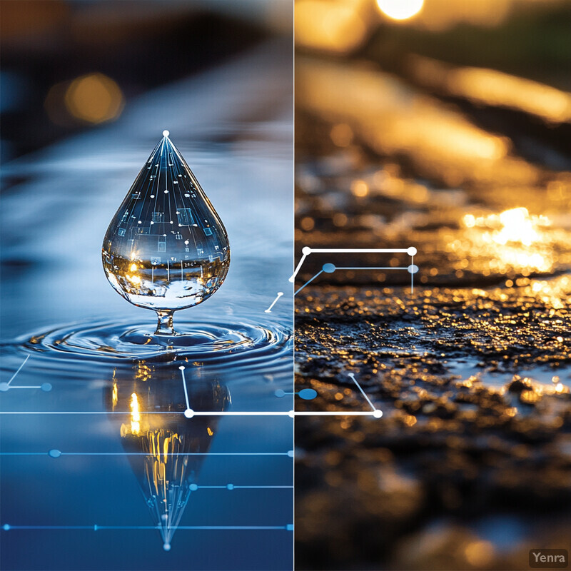 A water droplet above rippling blue water.