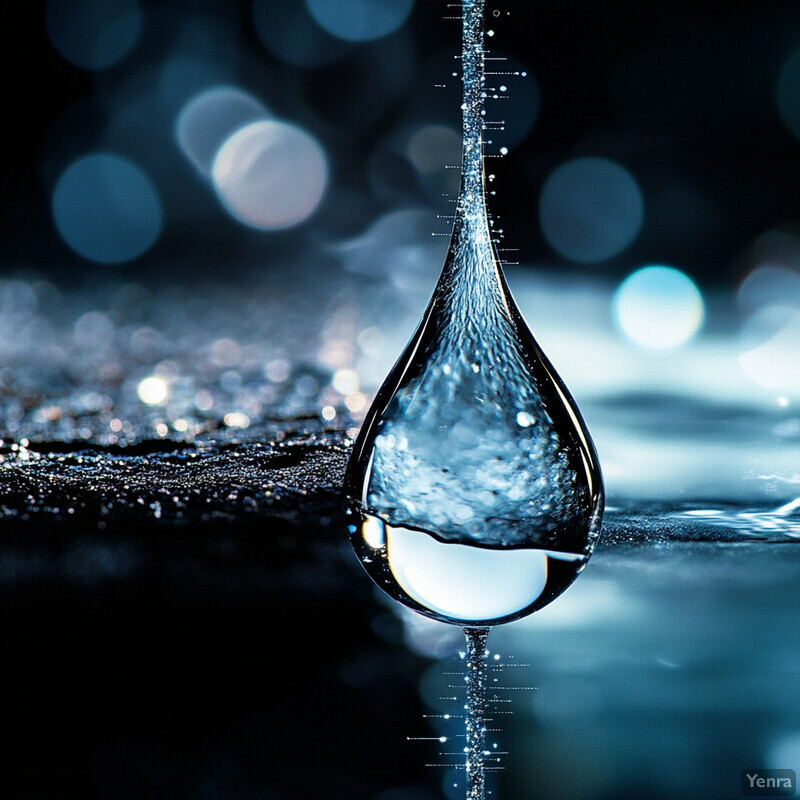 A close-up shot of a single water droplet suspended in mid-air, with its surface reflecting light and creating a sense of depth.