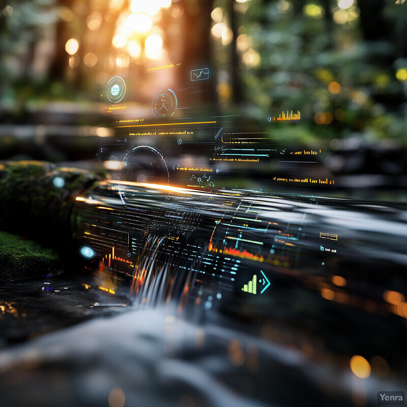 A peaceful forest scene with a small waterfall and tall trees.