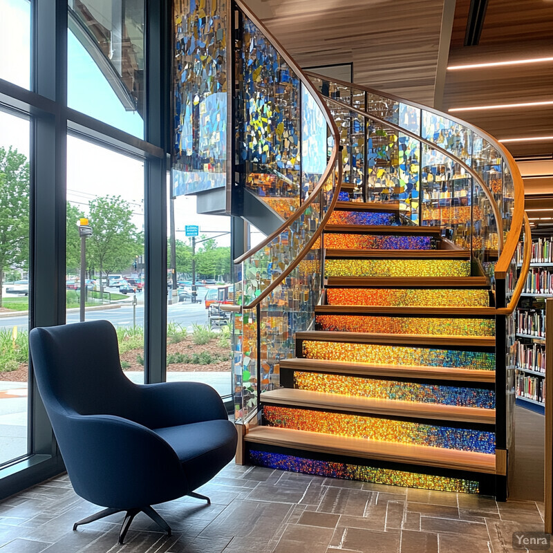 A library or similar establishment with a staircase and bookshelves.