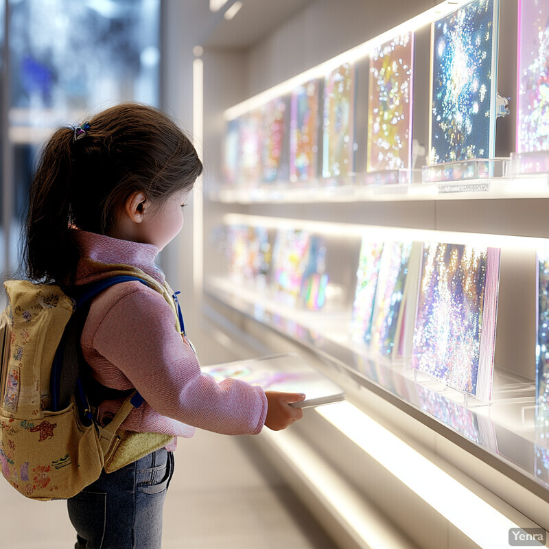 A young girl with brown hair stands in front of a wall of books, holding a white book and wearing a pink turtleneck sweater and blue jeans.