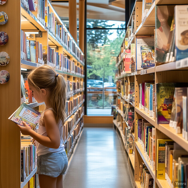 A young girl stands in an aisle between two rows of bookshelves, browsing through books.