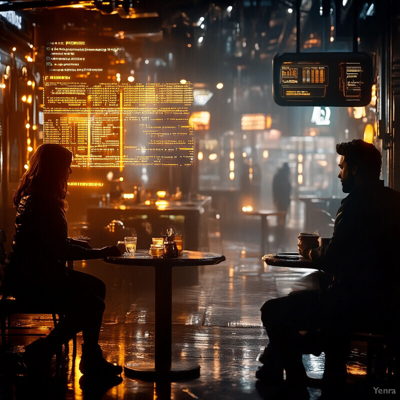 A man and woman sit at a table in a bar or restaurant, looking at a computer screen displaying lines of code.