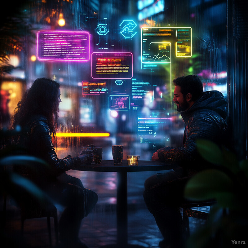 A man and woman sit at a table in front of a window, surrounded by screens displaying data.