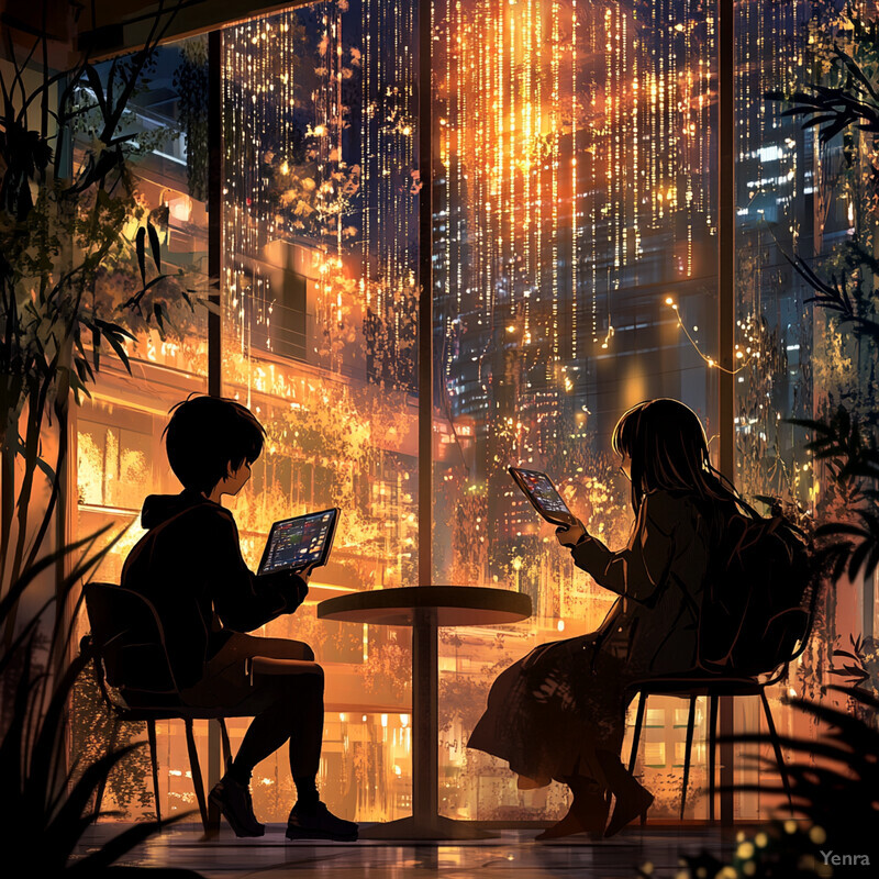 Two individuals enjoy their mobile devices while gazing out at a vibrant cityscape from a cozy cafe by a window.