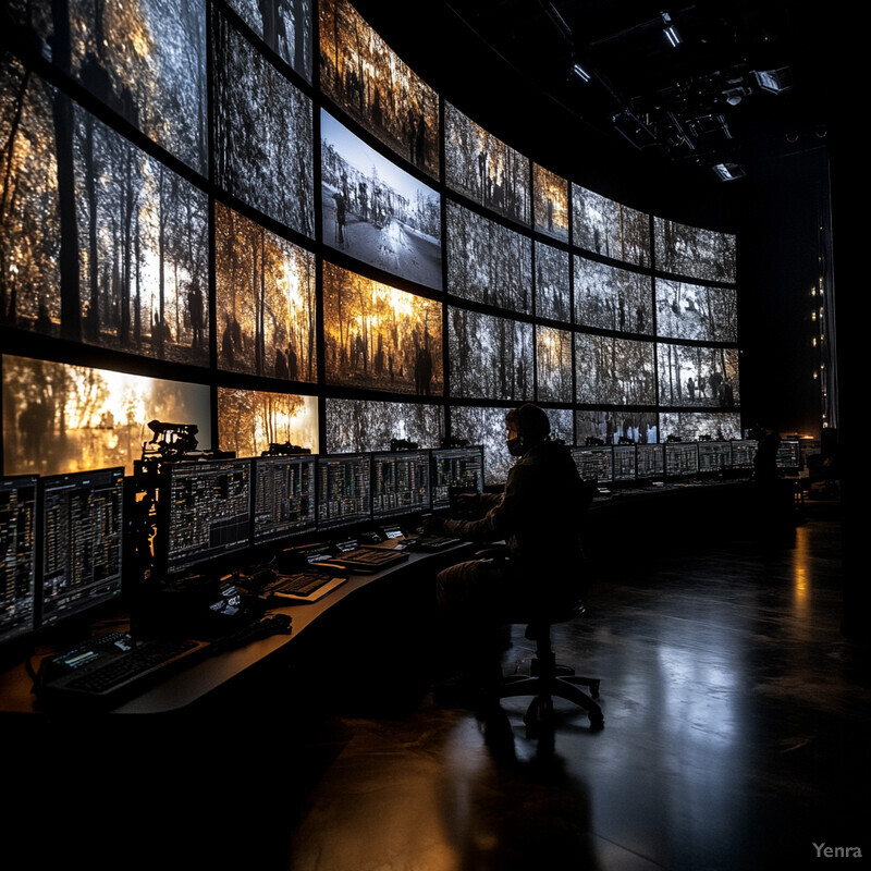 A large room with multiple computer screens displaying various images and videos, likely used for security monitoring or video editing.