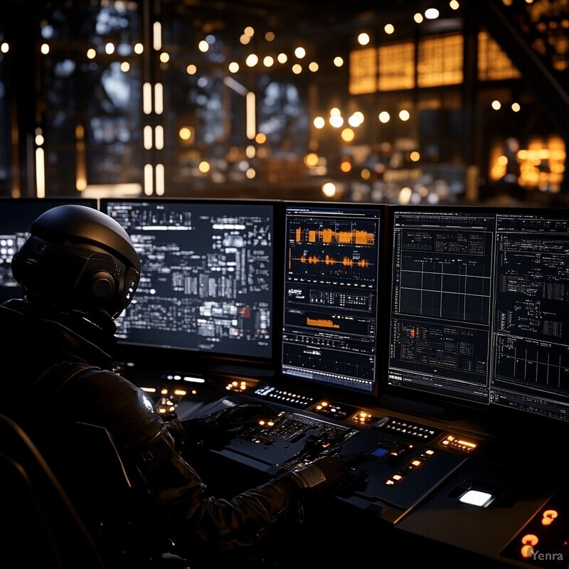 A person in a black helmet and suit sits at a desk with multiple computer monitors displaying various screens with orange text and graphs.