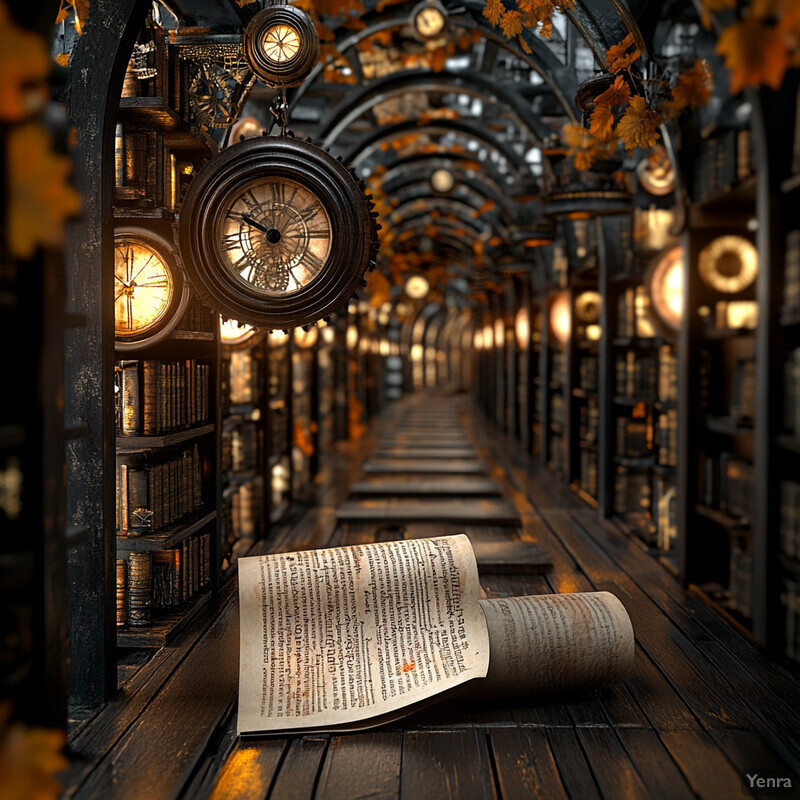 A dimly lit room with rows of bookshelves, a wooden floor, and a desk cluttered with papers and writing instruments.