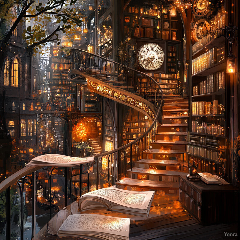 A grand library with a spiral staircase and multiple levels of bookshelves.