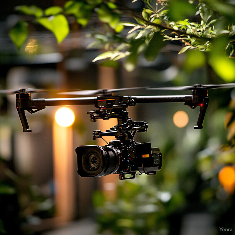 A camera mounted on a drone or similar device, with a blurred background of greenery and possibly a building in the distance.