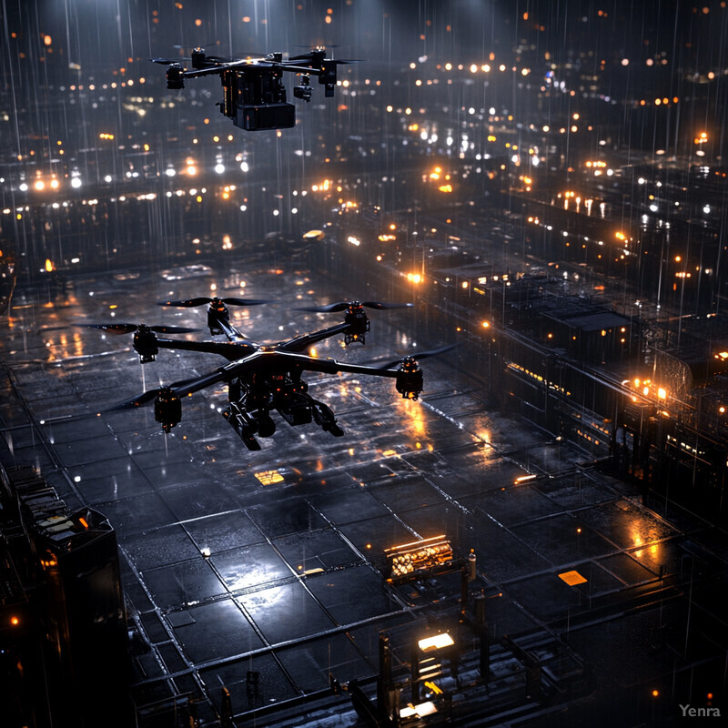 A futuristic cityscape at night, with drones and technology in use.