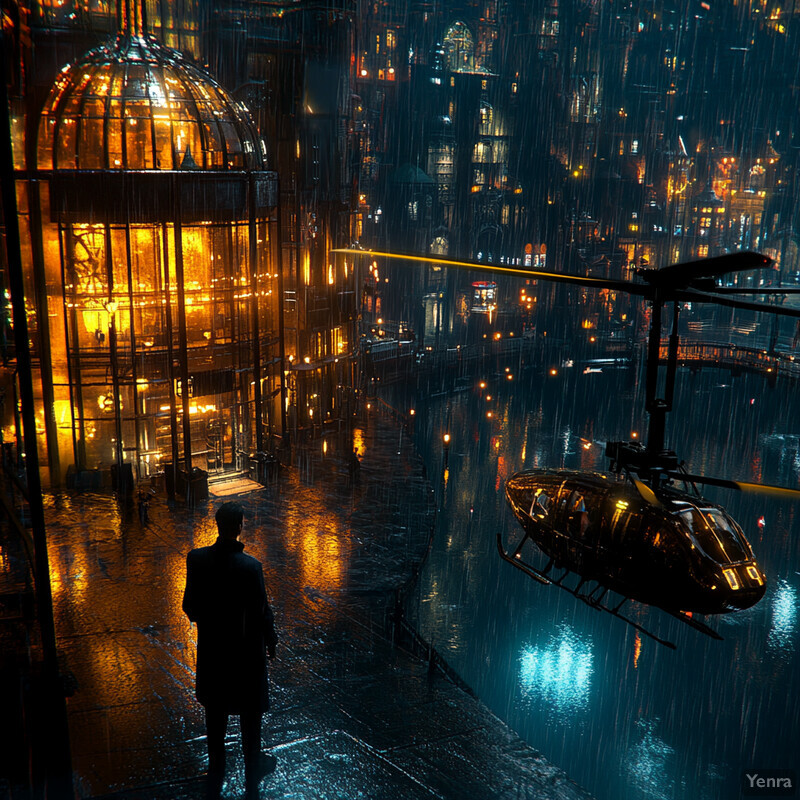 A futuristic cityscape at night, with a helicopter hovering above a man in a black suit.