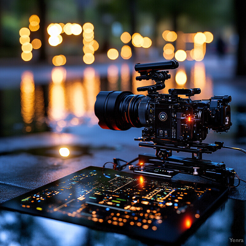 A cinematic setup for filming a movie or television show, featuring a black camera mounted on a tripod and positioned to capture the night sky.