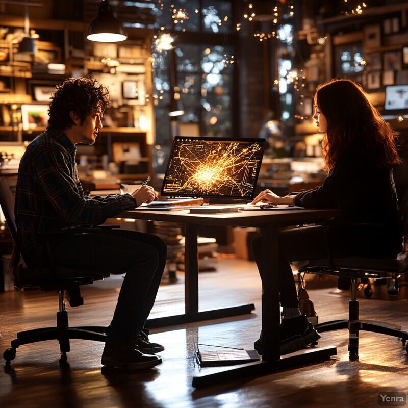 Two individuals engaged in co-creation with human authors, seated at a desk facing each other.