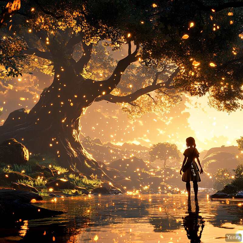 A young girl stands in front of an ancient tree surrounded by fireflies in a lush forest.