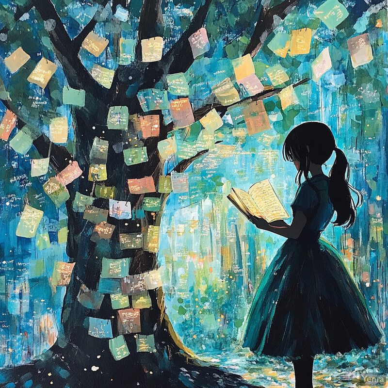 A young girl stands in front of a tree adorned with tags bearing messages.