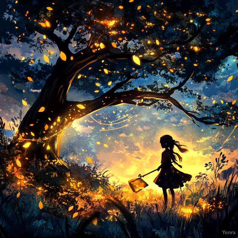 A young girl stands under a majestic tree in an idyllic outdoor setting.