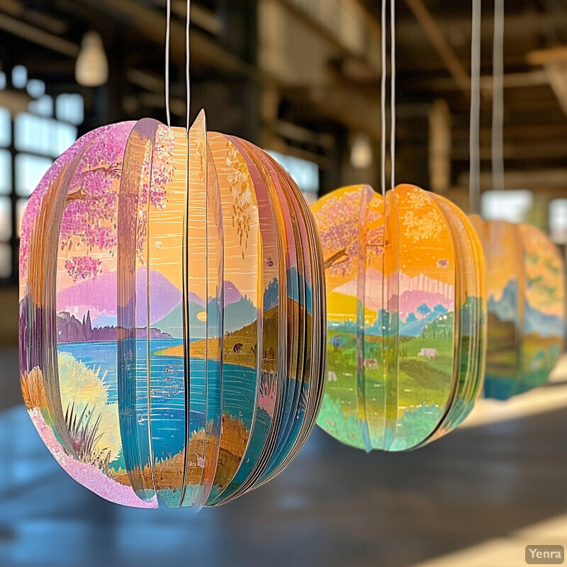 Four intricately designed paper lanterns suspended from the ceiling of an industrial-style room.