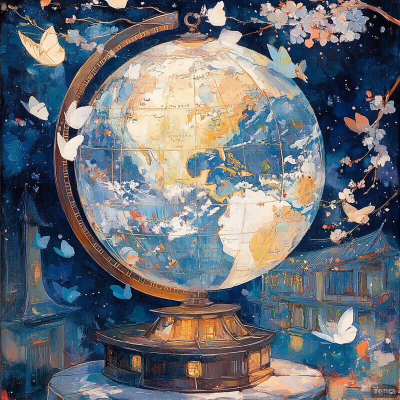 A beautiful painting of a globe surrounded by cherry blossoms and butterflies, evoking a sense of peacefulness and wonder.