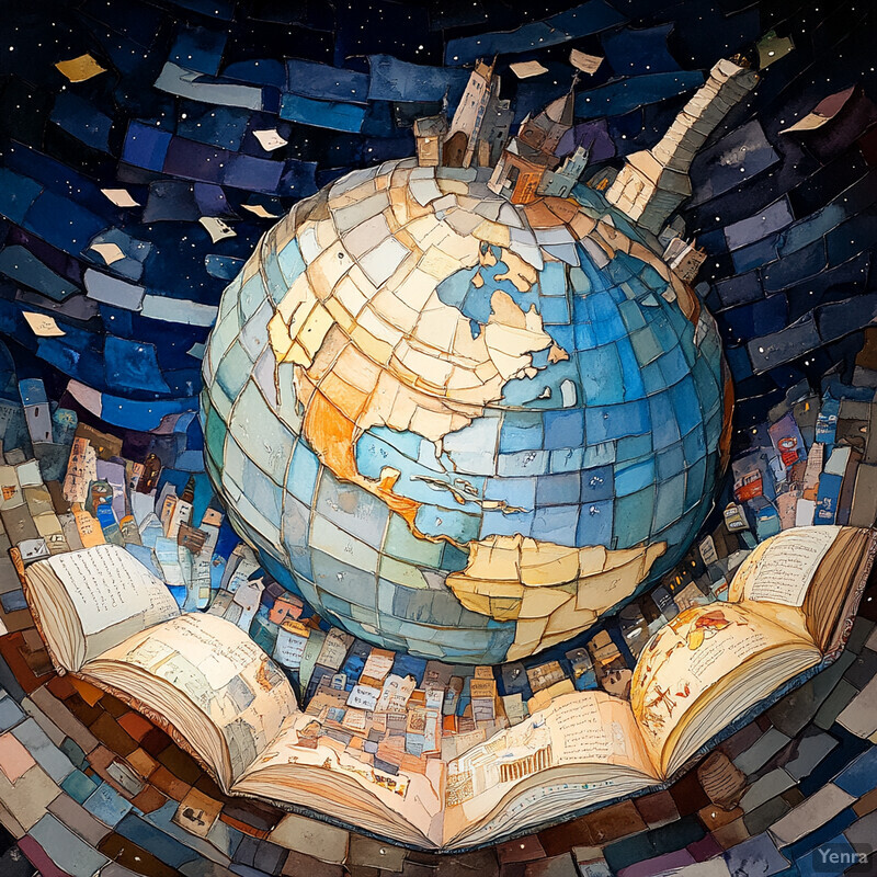 An illustration of a globe surrounded by books and papers in a cozy study or library setting.