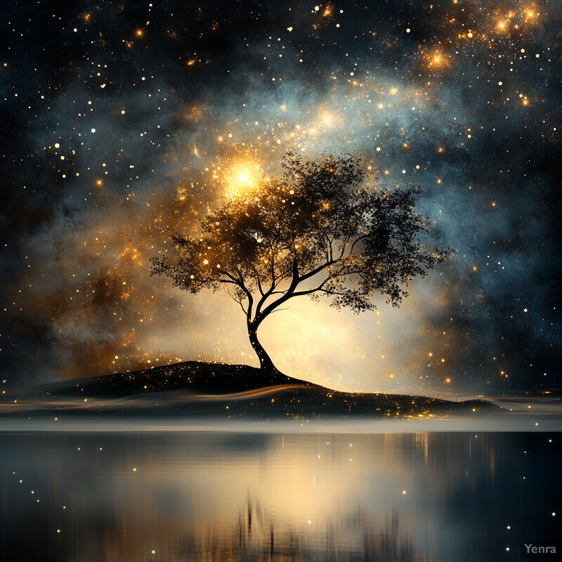 A serene and mystical nighttime scene featuring a majestic tree on a small island surrounded by calm waters, set against a breathtaking starry sky with gentle hills rising up in the distance.