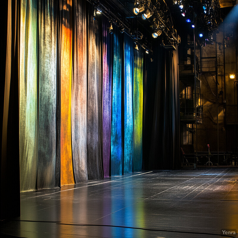 An empty stage with dark-colored curtains and lights hanging from the ceiling, awaiting a performance.