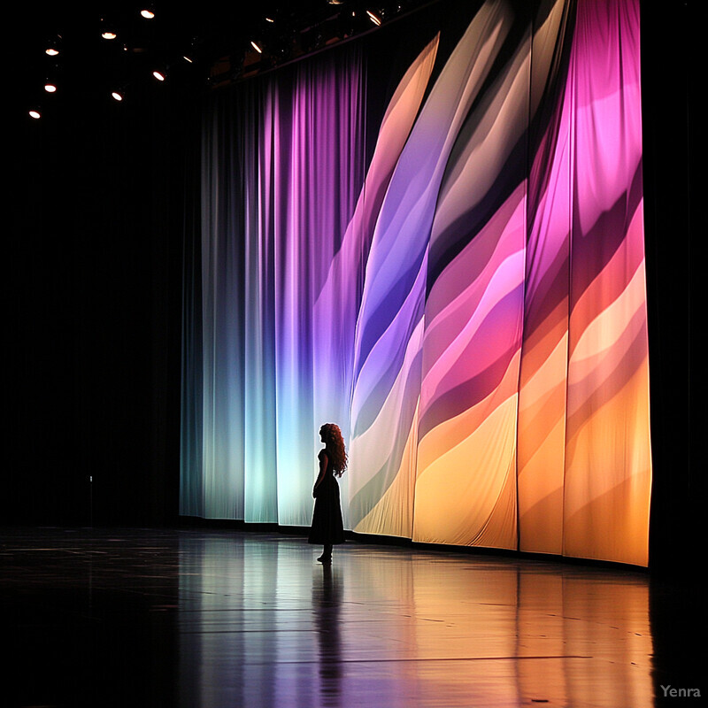 A woman stands on stage in front of a colorful curtain backdrop.