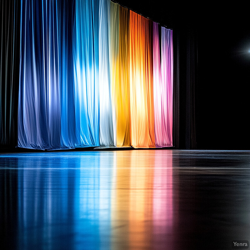 A stage with colorful curtains and a polished wood floor.