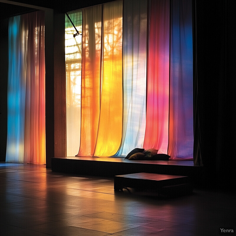 The image features an empty indoor stage with multicolored curtains illuminated by sunlight.