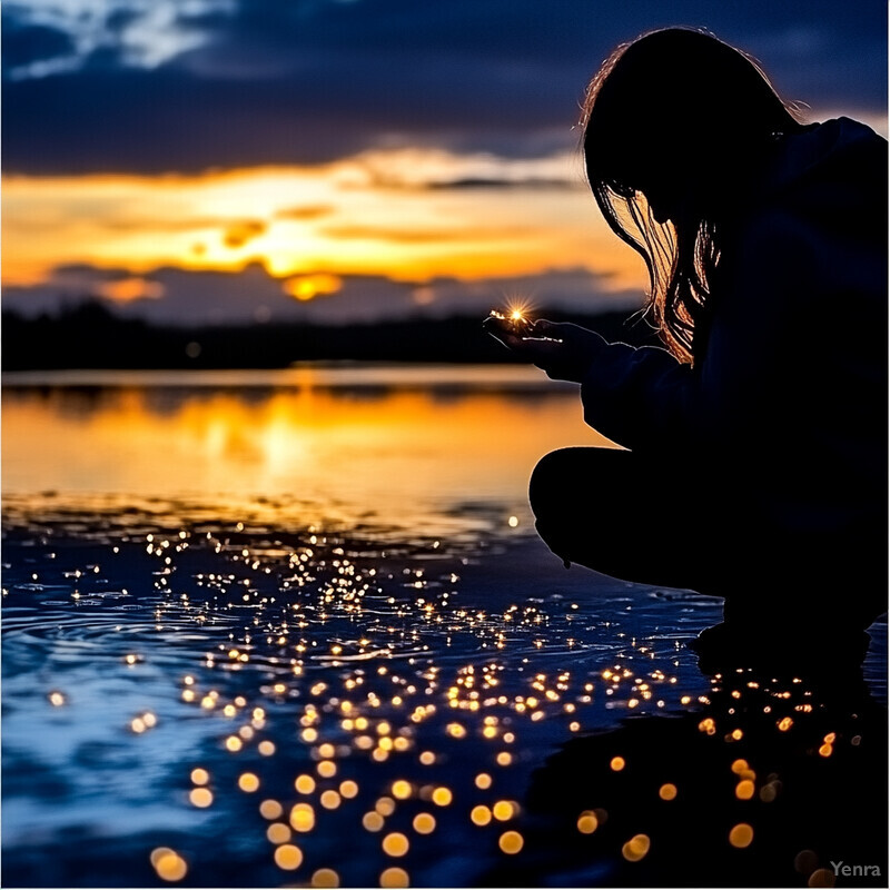 A woman is crouched down on a rock in the water, surrounded by a peaceful and serene atmosphere.